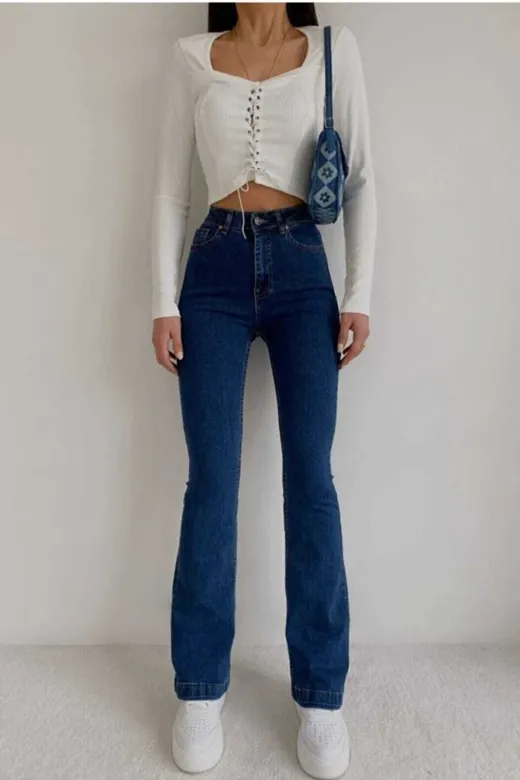 Exporanto isp008 All Star Ispanyol Women Koyu Mavi Ispanyol Paça Kot Pantolon Yüksek Bel Ispanyol Jeans Toparlayıcı