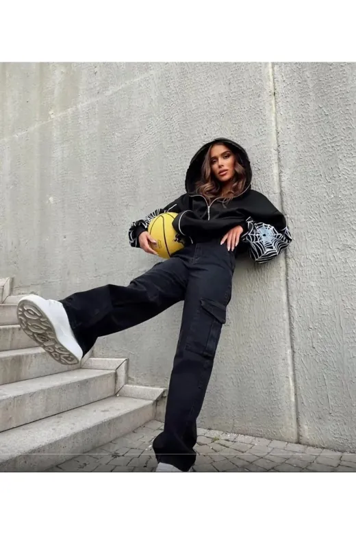 Exporanto KRG0011 Casimiro Solmaz Likralı Kadın Siyah Süper Yüksek Bel Arka Cepsiz Model Kargo Jeans