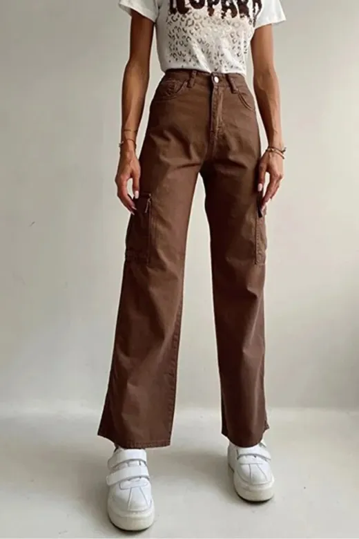 Exporanto KRG0030 Sophie Kadın Likralı Kahverengi Süper Yüksek Bel Arka Cepsiz Model Kargo Jeans
