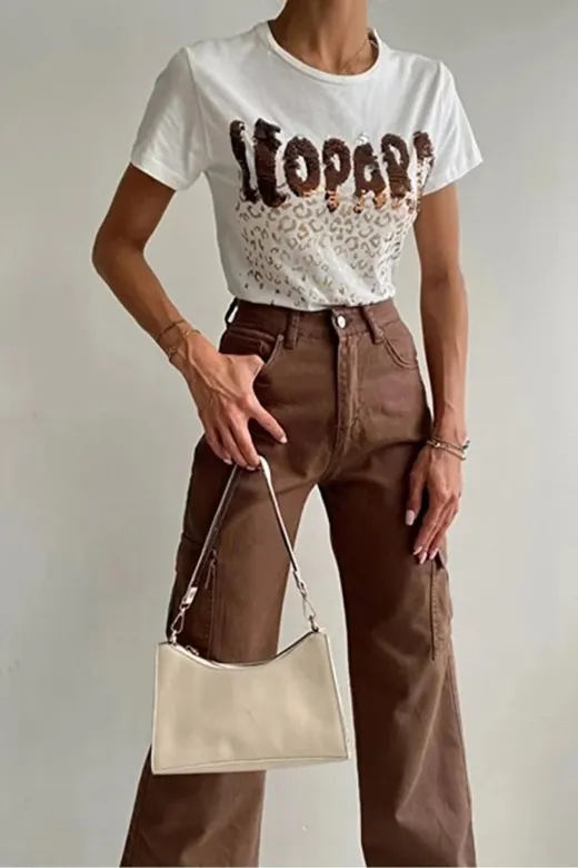 Exporanto KRG0030 Sophie Kadın Likralı Kahverengi Süper Yüksek Bel Arka Cepsiz Model Kargo Jeans