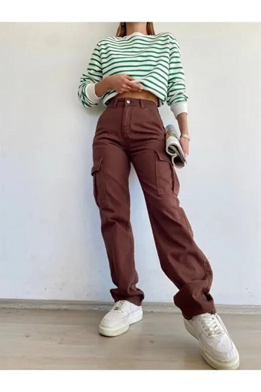 Exporanto KRG0035 Clara Kahverengi Süper Yüksek Bel Kadın Likralı Arka Cepsiz Model Kargo Jeans