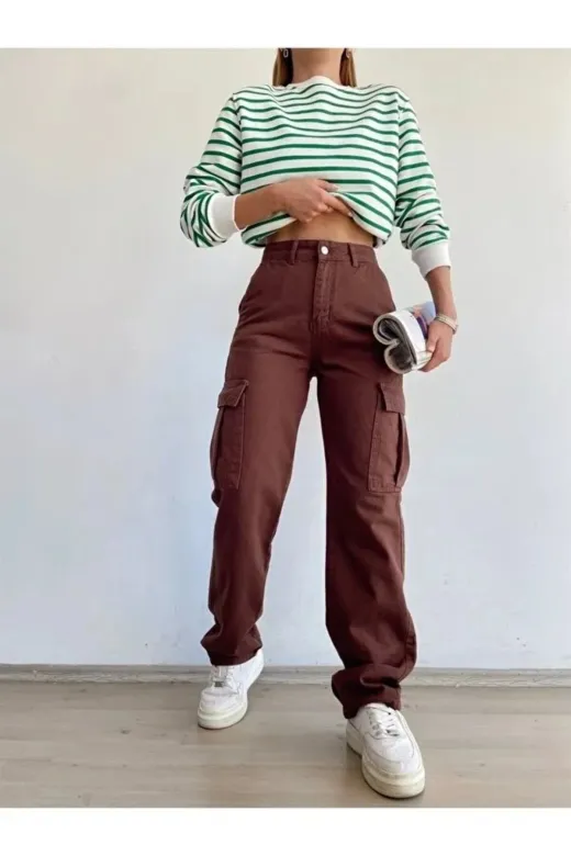 Exporanto KRG0035 Clara Kahverengi Süper Yüksek Bel Kadın Likralı Arka Cepsiz Model Kargo Jeans