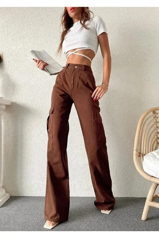 Exporanto KRG0039 Brigette Kahverengi Süper Yüksek Bel Kadın Likralı Arka Cepsiz Model Kargo Jeans