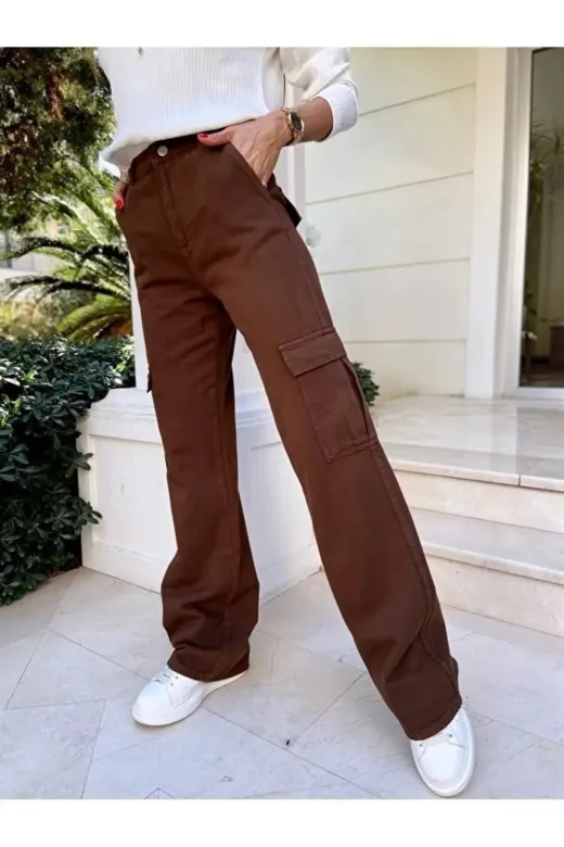 Exporanto KRG0039 Brigette Kahverengi Süper Yüksek Bel Kadın Likralı Arka Cepsiz Model Kargo Jeans