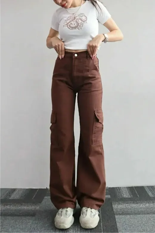 Exporanto KRG0043 Maura Kahverengi Süper Yüksek Bel Kadın Likralı Arka Cepsiz Model Kargo Jeans