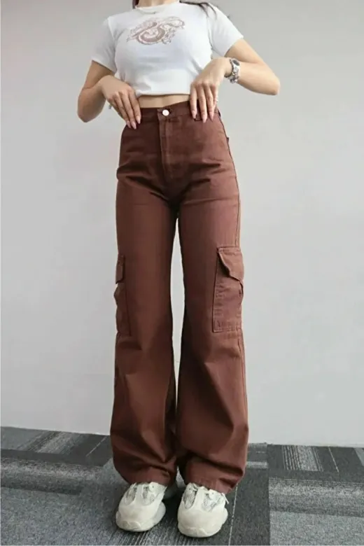 Exporanto KRG0043 Maura Kahverengi Süper Yüksek Bel Kadın Likralı Arka Cepsiz Model Kargo Jeans
