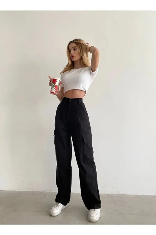 Exporanto KRG009 Luciano Solmaz Likralı Kadın Siyah Süper Yüksek Bel Arka Cepsiz Model Kargo Jeans