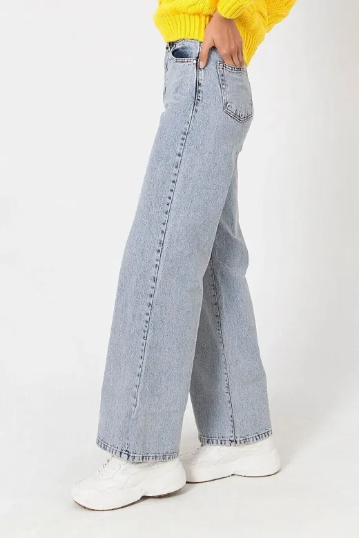 Exporanto LİVİK-1530 Napoli Kadın Mavi Kar Yıkama Süper Yüksek Bel Likralı Salaş Paça Denim Kot Pantolon