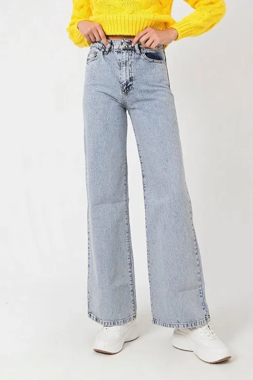 Exporanto LİVİK-1530 Napoli Kadın Mavi Kar Yıkama Süper Yüksek Bel Likralı Salaş Paça Denim Kot Pantolon