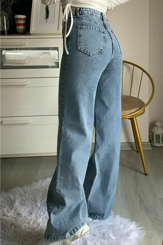 Exporanto sls1142 90`s Likralı Salaş Kadın Orta Kar Mavi Süper Yüksek Bel Salaş Paça Denim Kot Pantolon