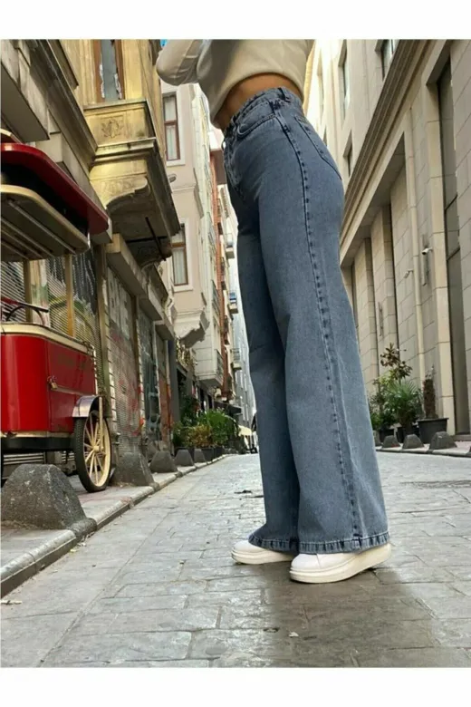 Exporanto sls1142 90`s Likralı Salaş Kadın Orta Kar Mavi Süper Yüksek Bel Salaş Paça Denim Kot Pantolon