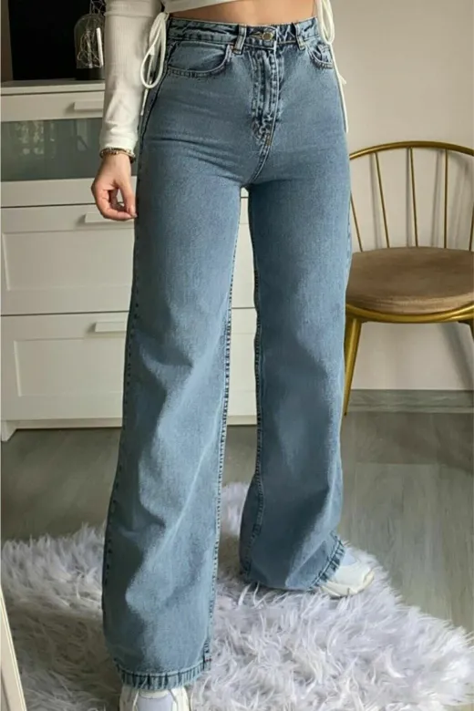 Exporanto sls1142 90`s Likralı Salaş Kadın Orta Kar Mavi Süper Yüksek Bel Salaş Paça Denim Kot Pantolon