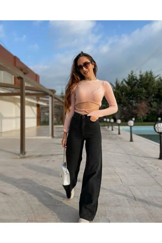 Exporanto SLSPACA-1560 Siyah Likralı Süper Yüksek Bel Salaş Jean Pantolon. (Süper Yüksek.) Wide Leg.