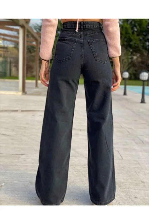Exporanto SLSPACA-1560 Siyah Likralı Süper Yüksek Bel Salaş Jean Pantolon. (Süper Yüksek.) Wide Leg.