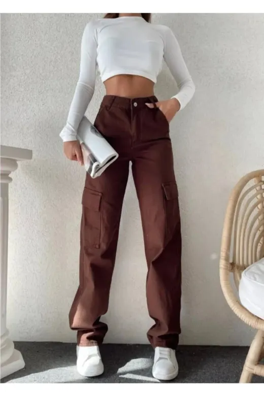 Exporanto Sltnkhvrg04 Dia Kadın Kahverengi Kargo Cep Arka Cepsiz Exstra Yüksek Bel Palazzo Jean Pantalon