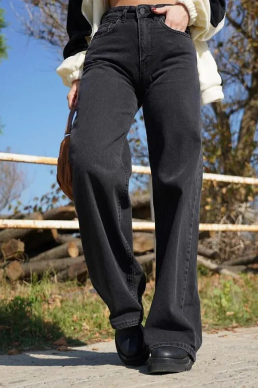 Exporanto Sslş02 Holly Siyah Wide Leg Etkili Fermuarlı Süper Yüksek Bel Jeans Salaş Kot Pantolon ( Solmaz Kumaş)