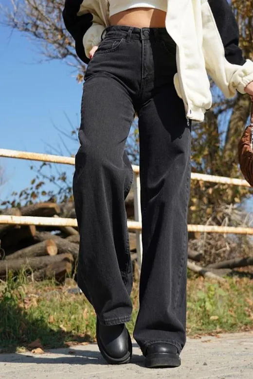 Exporanto Sslş02 Holly Siyah Wide Leg Etkili Fermuarlı Süper Yüksek Bel Jeans Salaş Kot Pantolon ( Solmaz Kumaş)
