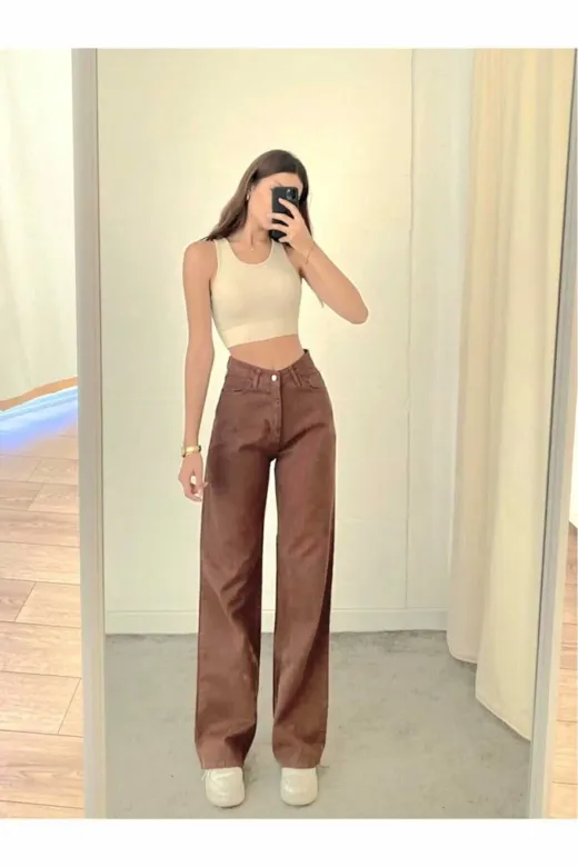 Exporanto TYC00511336877 Kahverengi Likralı Süper Yüksek Bel Salaş Jeans Palazzo Pantolon. (Süper Yüksek) Wide Leg