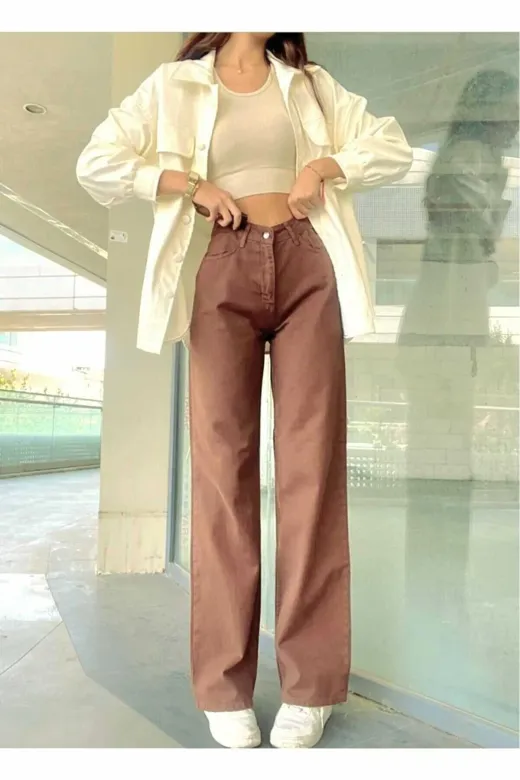 Exporanto TYC00511336877 Kahverengi Likralı Süper Yüksek Bel Salaş Jeans Palazzo Pantolon. (Süper Yüksek) Wide Leg