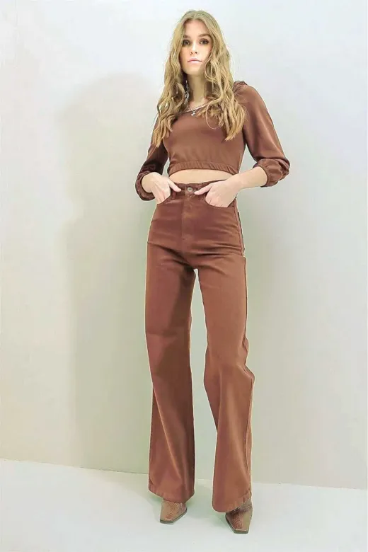 Exporanto TYC00511336877 Kahverengi Likralı Süper Yüksek Bel Salaş Jeans Palazzo Pantolon. (Süper Yüksek) Wide Leg