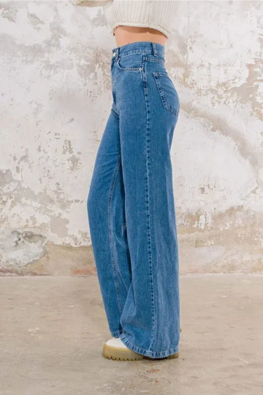 Exporanto TYC00522492936 Orta Mavi Likralı Süper Yüksek Bel Salaş Jeans Palazzo Pantolon Wide Leg