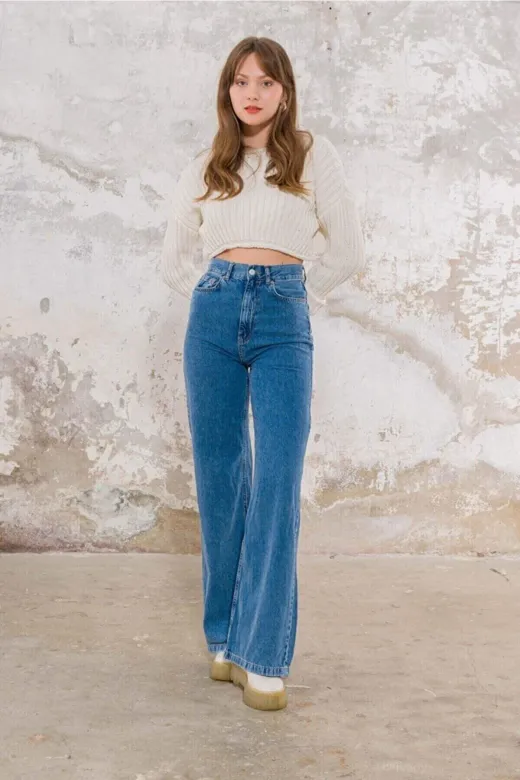 Exporanto TYC00522492936 Orta Mavi Likralı Süper Yüksek Bel Salaş Jeans Palazzo Pantolon Wide Leg