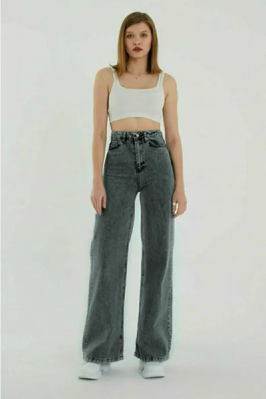 Exporanto TYC00700169530 Kül Gri Likralı Süper Yüksek Bel Salaş Jeans Palazzo Pantolon