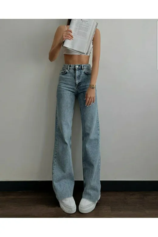 Exporanto TYC00700169819 Jakarta Likralı Salaş Kadın Mavi Süper Yüksek Bel Salaş Paça Denim Kot Pantolon