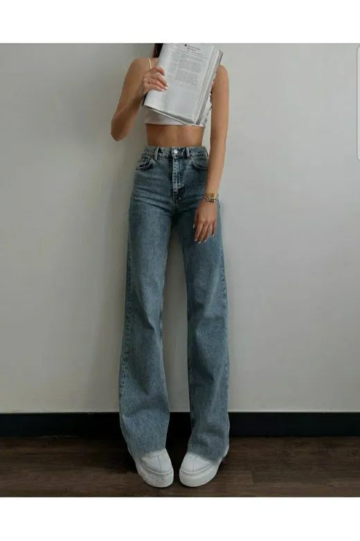 Exporanto TYC00700170668 Fashion Nova Likralı Salaş Kadın Orta Kar Mavi Süper Yüksek Bel Salaş Paça Denim Kot Pantolon