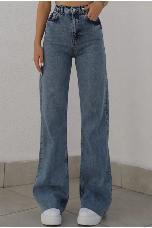Exporanto TYC00700170668 Fashion Nova Likralı Salaş Kadın Orta Kar Mavi Süper Yüksek Bel Salaş Paça Denim Kot Pantolon