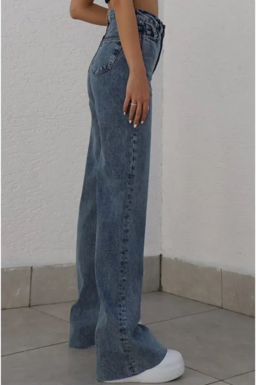 Exporanto TYC00700170668 Fashion Nova Likralı Salaş Kadın Orta Kar Mavi Süper Yüksek Bel Salaş Paça Denim Kot Pantolon