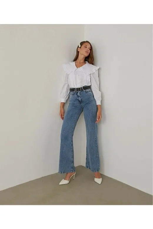 Exporanto TYC00700171400 All Star Orta Kar Likralı Kadın Mavi Süper Yüksek Bel Salaş Paça Denim Kot Palazzo Pantolon