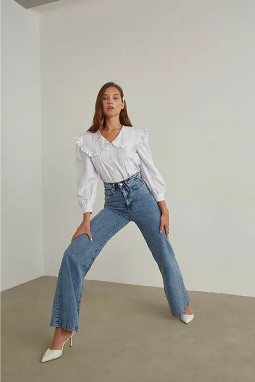 Exporanto TYC00700171400 All Star Orta Kar Likralı Kadın Mavi Süper Yüksek Bel Salaş Paça Denim Kot Palazzo Pantolon