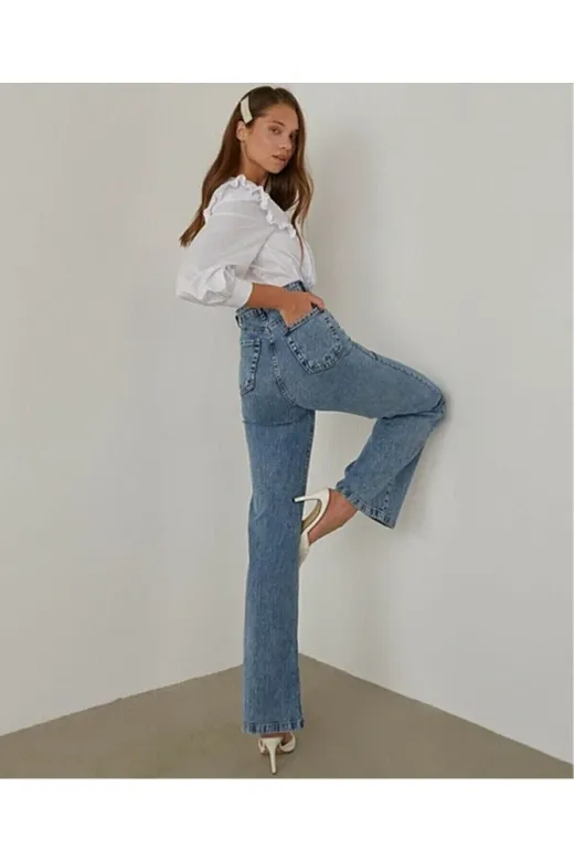 Exporanto TYC00700171400 All Star Orta Kar Likralı Kadın Mavi Süper Yüksek Bel Salaş Paça Denim Kot Palazzo Pantolon