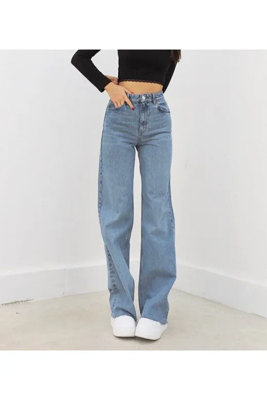Exporanto TYC00700171408 Linda Likralı 90's Kadın Mavi Kar Süper Yüksek Bel Salaş Paça Denim Kot Palazzo Pantolon