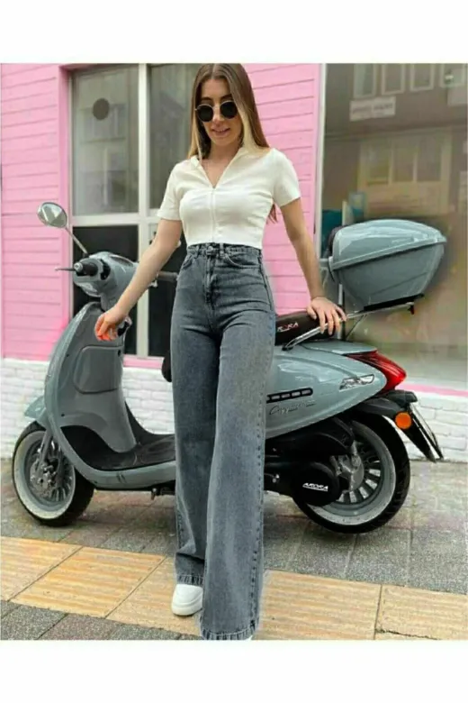 Exporanto TYC00700173582 Kül Gri Füme Power Likralı Süper Yüksek Bel Salaş Jeans Palazzo Pantolon
