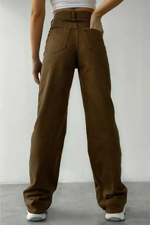 Exporanto TYC00700174018 Kahverengi Likralı Süper Yüksek Bel Salaş Jeans Palazzo Pantolon