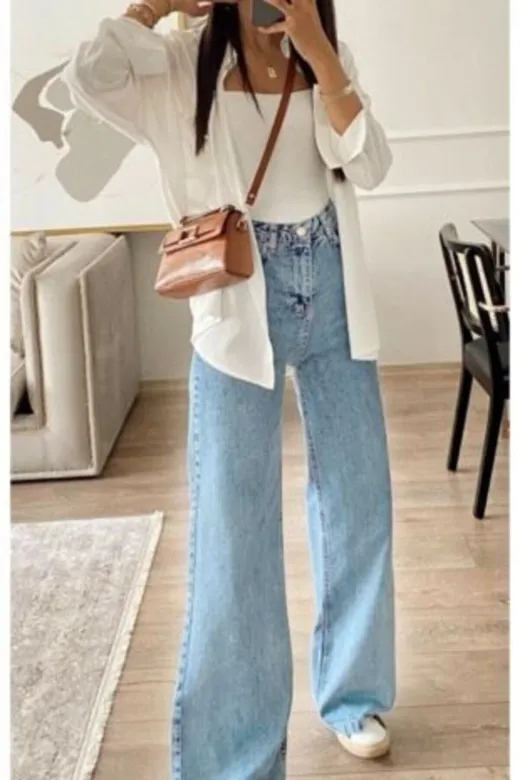 Exporanto TYC00700174508 Elle Mavi Power Likralı Süper Yüksek Bel Salaş Jeans Palazzo Pantolon (Açık Mavi)