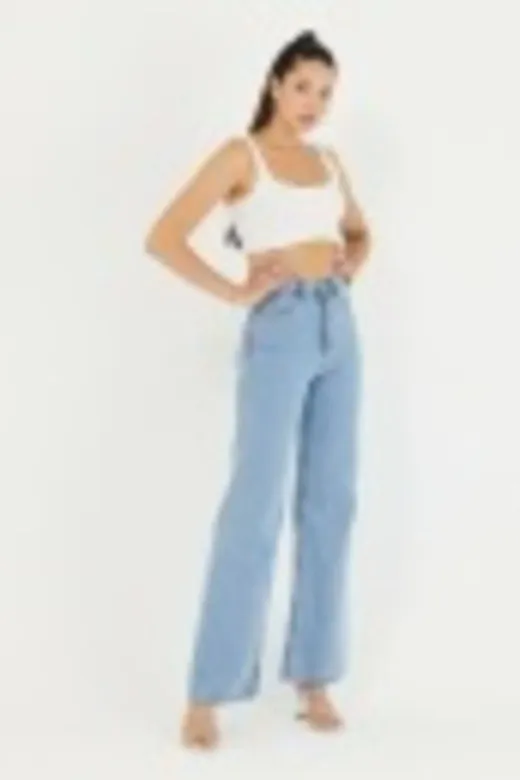 Exporanto TYC00700180357 Buz Mavisi Power Likralı Süper Yüksek Bel Salaş Jeans Palazzo Pantolon
