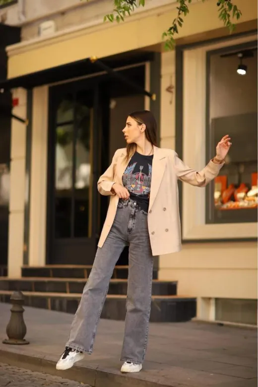 Exporanto TYC8P794ZN169874923084729 Paris Kadın Füme Kar Yıkama Extra Yüksek Bel Salaş Paça Denim Kot Pantolon