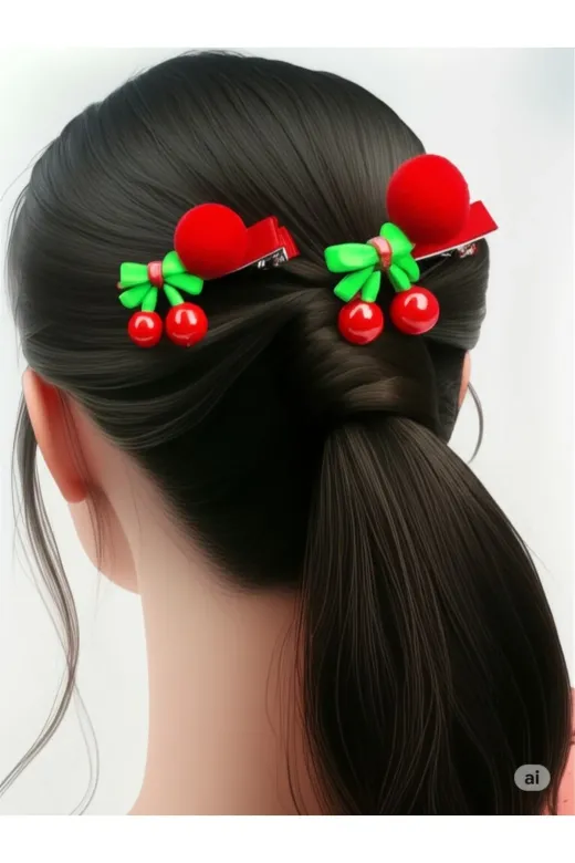 FAMEMUS ACCESSORY 0020016 Kiraz Desenli Kız Çocuk Toka Doğum Günü Hediyesi (2'li Set) (7398)