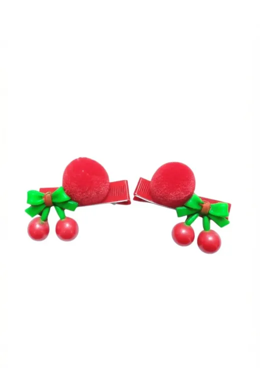 FAMEMUS ACCESSORY 0020016 Kiraz Desenli Kız Çocuk Toka Doğum Günü Hediyesi (2'li Set) (7398)