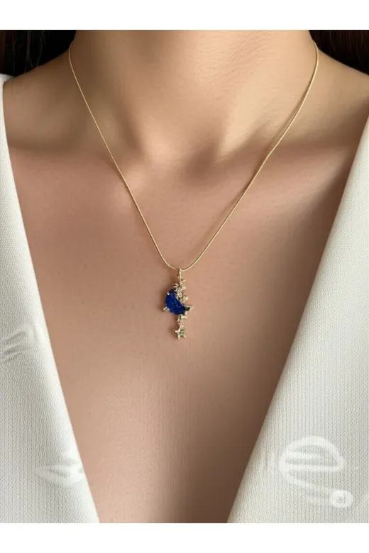 FAMEMUS ACCESSORY 0040025 Yıldızlı Mavi Opalit Ay Çelik Kolye Sevgiler Ve Özel Günler