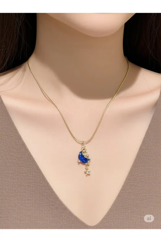 FAMEMUS ACCESSORY 0040025 Yıldızlı Mavi Opalit Ay Çelik Kolye Sevgiler Ve Özel Günler