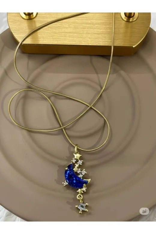 FAMEMUS ACCESSORY 0040025 Yıldızlı Mavi Opalit Ay Çelik Kolye Sevgiler Ve Özel Günler