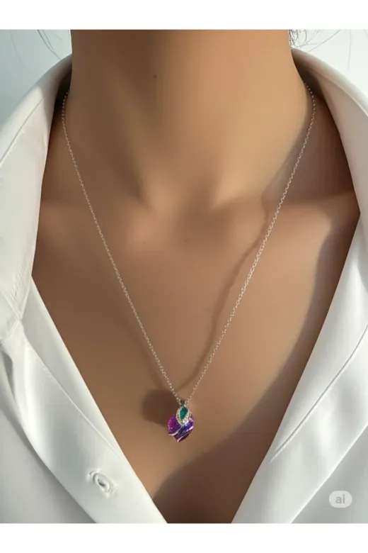 FAMEMUS ACCESSORY 0040249 Çelik Mor Kalp Çiçeği Kolye Yaprak Detaylı