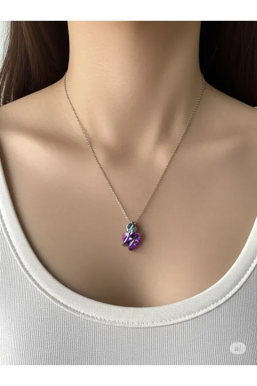 FAMEMUS ACCESSORY 0040249 Çelik Mor Kalp Çiçeği Kolye Yaprak Detaylı