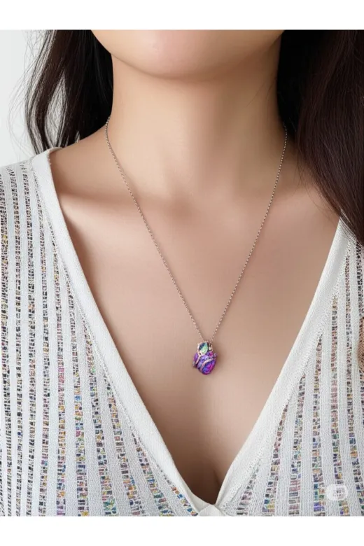 FAMEMUS ACCESSORY 0040249 Çelik Mor Kalp Çiçeği Kolye Yaprak Detaylı