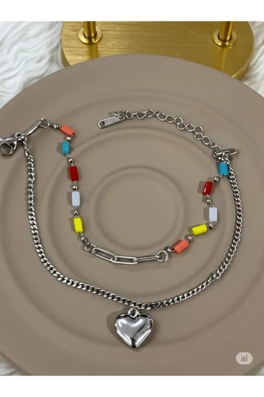 FAMEMUS ACCESSORY 0040783 2'li Kombin Zincir Kolye Seti - Renkli Boncuklu & Kalpli