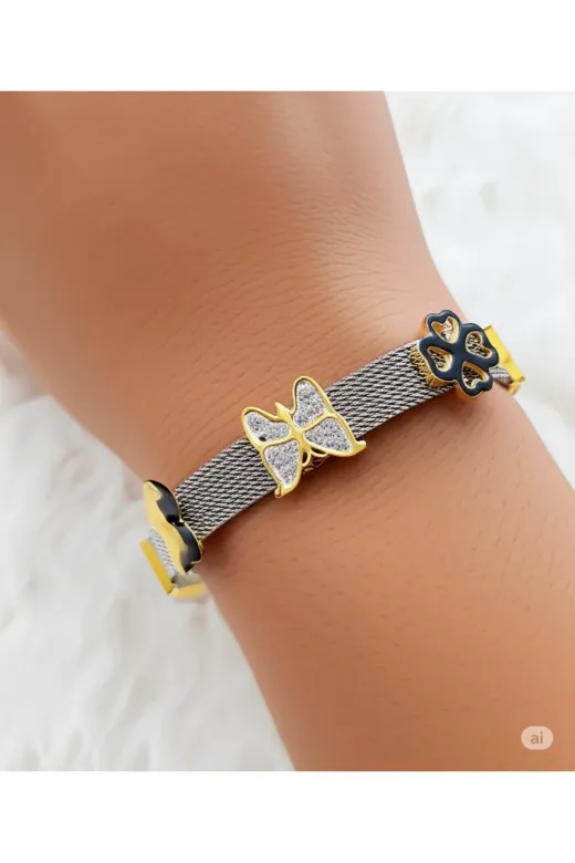 FAMEMUS ACCESSORY 0040786 Kadın Metal Kordonlu Kelebek Ve Yonca Detaylı Bileklik